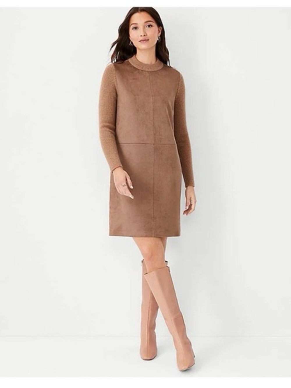 Ann Taylor Mock Neck Faux Suede Sweater Shift Dress Camel Sz Small Hippie Boho